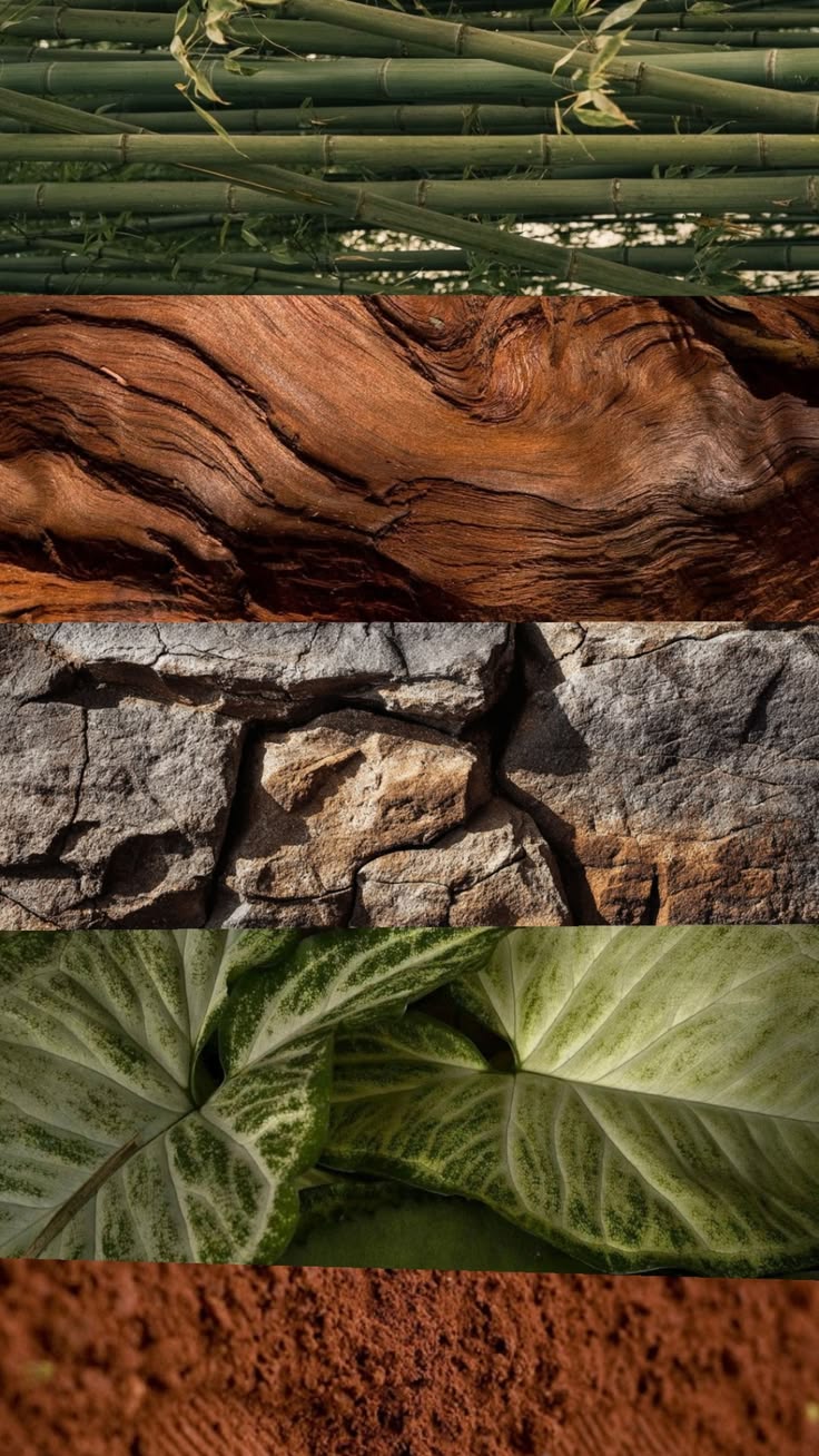 Natural textures: bamboo, timber, stone, foliage, and earth