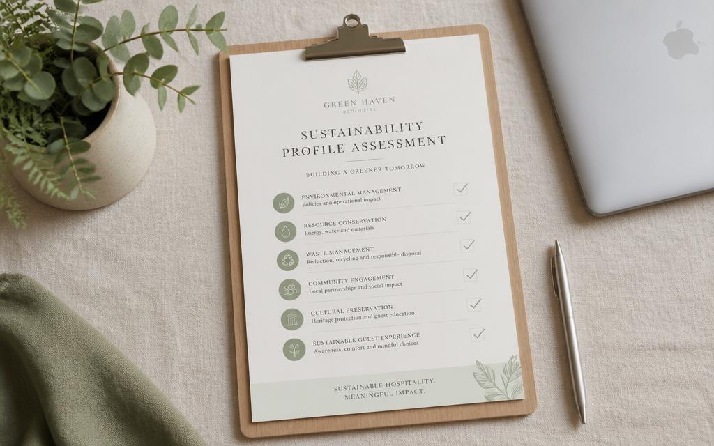 Sustainability assessment checklist, meters and dashboard on a desk