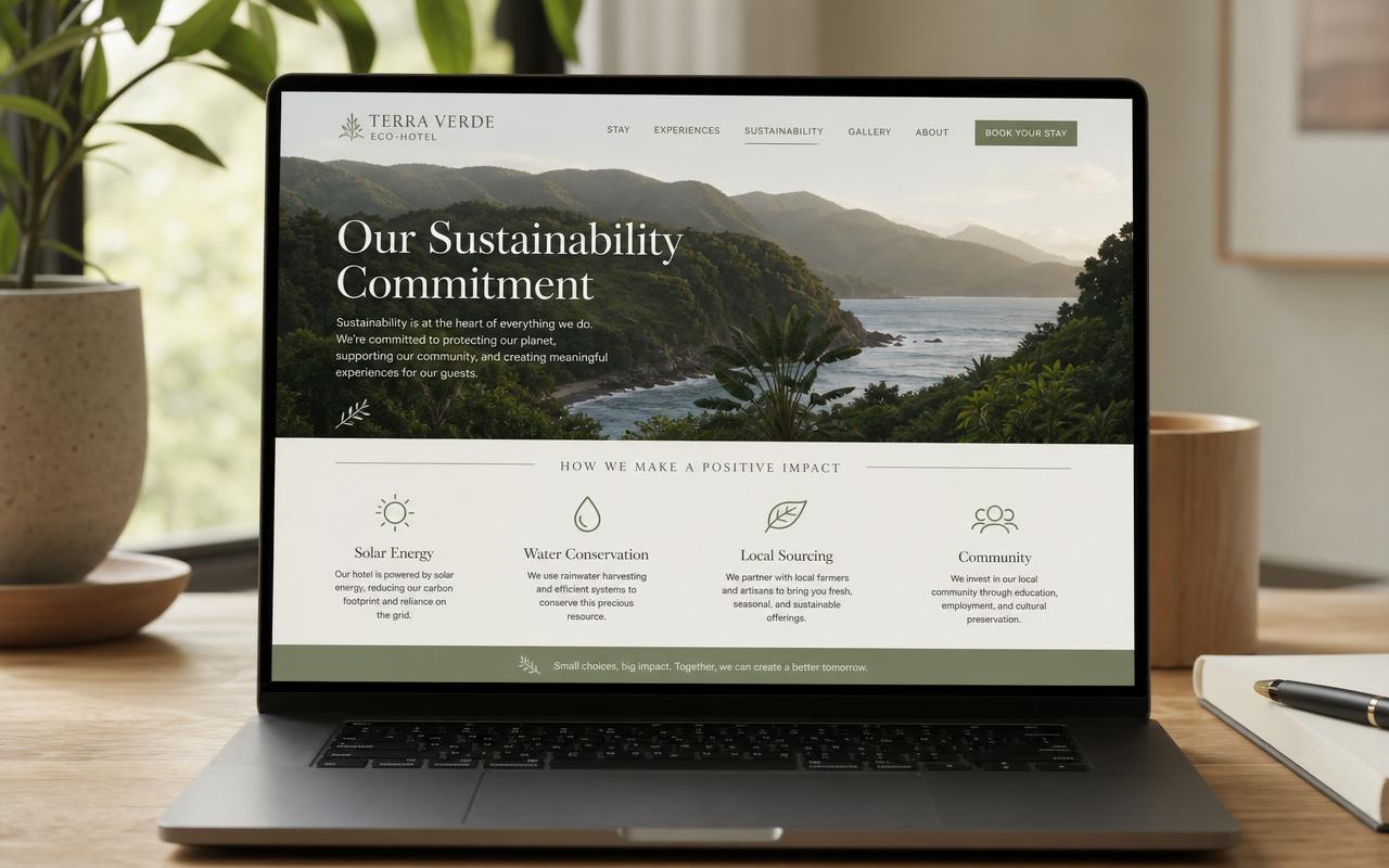Laptop showing a boutique hotel sustainability web page