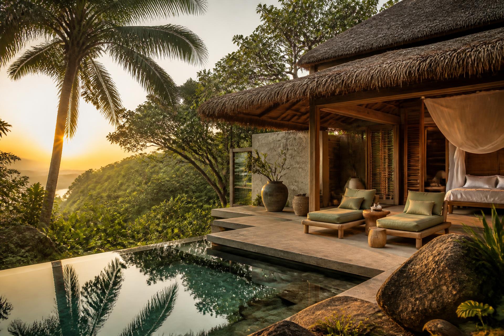 Boutique eco villa nestled in tropical greenery at golden hour